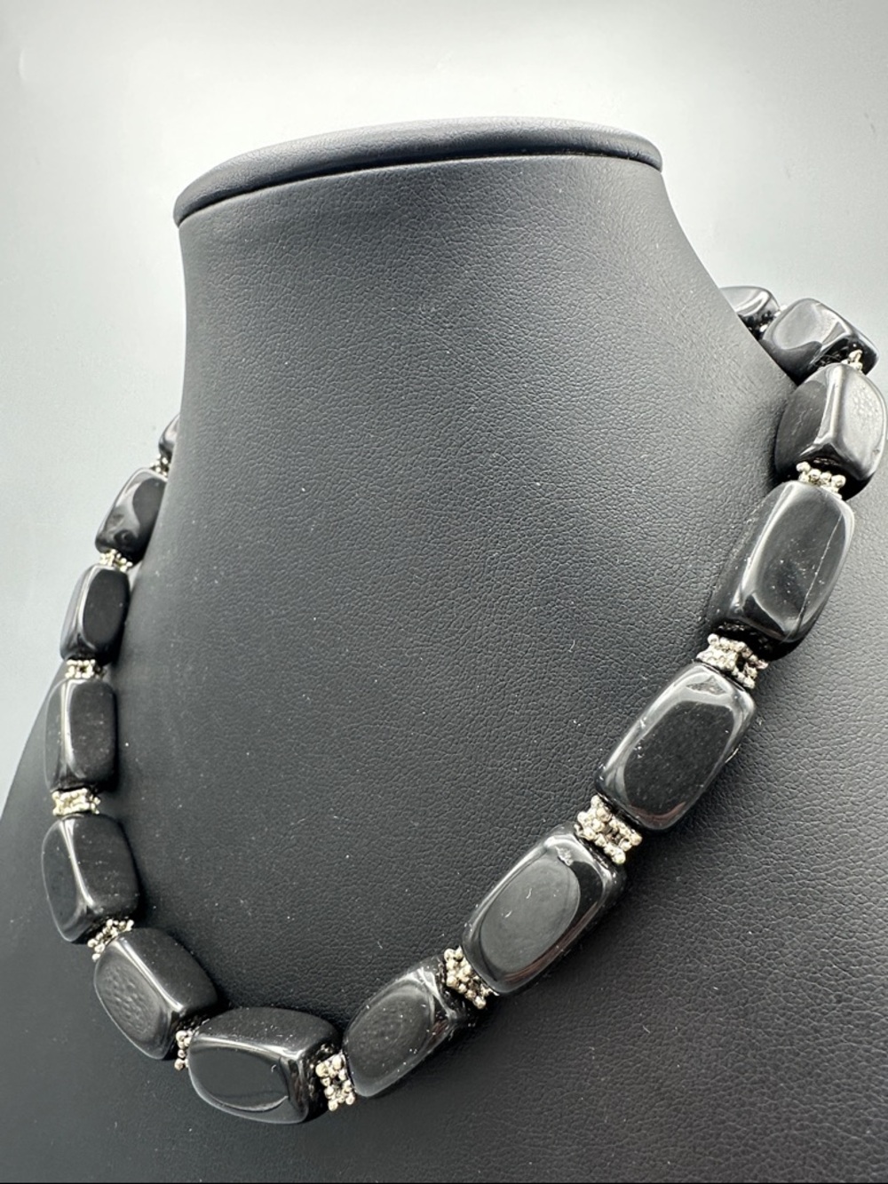 Black Stone Bead Necklace with Silver Accents - Picture 3 of 3